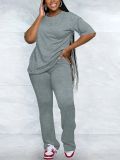 Women Casual Solid Round Neck Top and Pants Two-Piece Set