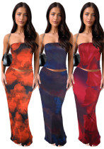 Women Summer Sexy Printed Strapless Top and Skirt Two-Piece Set Women Summer Sexy Printed Strapless Top and Skirt Two-Piece Set
