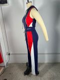 Women Patchwork hooded sleeveless top and trousers two-piece set
