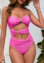 Women Solid Patchwork Metal Button Beaded One-Piece swimwear
