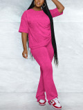 Women Casual Solid Round Neck Top and Pants Two-Piece Set
