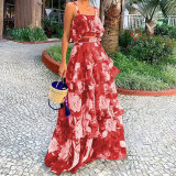 Women Beach Edge Holidays Printed Suspender Top Cascading Ruffles Skirt Two-Piece Set