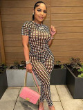 Women Multi-Color Polka Dot Mesh Printed Short Sleeve Top and Pants Two-Piece Set