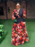 Plus Size African Women Chiffon Print V-neck Dress Two-piece Set