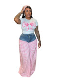 Women Patchwork Plaid Print T-shirt Casual Wide Leg Pants Two-piece Set
