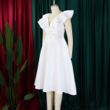 V Neck Floral Ruffle A-line Dress for Women Formal Party Gown