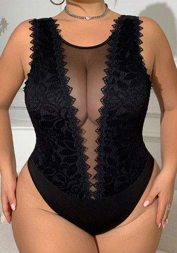 Plus Size Women Black Diamond Lace Patchwork Lace Sexy Bodysuit