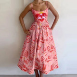 Women Spring Printed Pleated Strap Dress