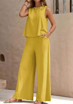 Plus Size Women Summer Casual Sleeveless Vest + Wide-leg Pants Two-piece Set