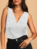 Women Summer V-neck Party Sequin Sleeveless Top
