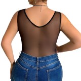 Plus Size Women Black Diamond Lace Patchwork Lace Sexy Bodysuit