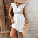 Women summer white knitting jacquard hollow Stretchy dress