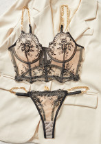 Women Sexy Bra Black Mesh Embroidered Lace Sexy Lingerie Two-Piece Set