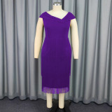 Women Asymmetric Collar Sleeveless Tassel Party Dance Elegant Dress