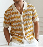 Men's American hollow jacquard ripple summer short-sleeved knitting polo T-shirt