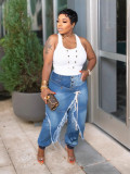 Women Ripped Lace-up Denim Pants