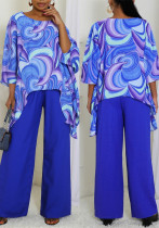 Women Elegant Round Neck Long Sleeve Top and Pants Two-piece Set