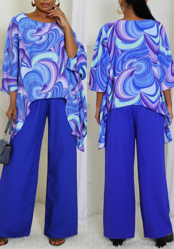 Women Elegant Round Neck Long Sleeve Top and Pants Two-piece Set