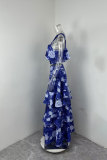 Women Beach Edge Holidays Printed Suspender Top Cascading Ruffles Skirt Two-Piece Set