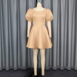 Women Beaded Puff Sleeve Formal Party Evening Dress