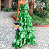 Women Beach Edge Holidays Printed Suspender Top Cascading Ruffles Skirt Two-Piece Set