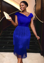 Women Asymmetric Collar Sleeveless Tassel Party Dance Elegant Dress