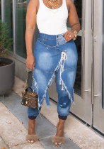 Women Ripped Lace-up Denim Pants
