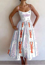 Women Spring Printed Pleated Strap Dress Women Spring Printed Pleated Strap Dress