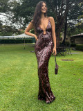Women New Sexy Irregular Sequin Halter Neck V-Neck Maxi Dress