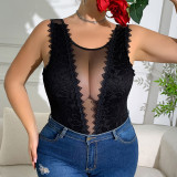 Plus Size Women Black Diamond Lace Patchwork Lace Sexy Bodysuit