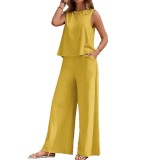 Plus Size Women Summer Casual Sleeveless Vest + Wide-leg Pants Two-piece Set
