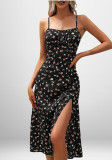 Women Spring Sexy Print Lace-up Slit Strap Dress