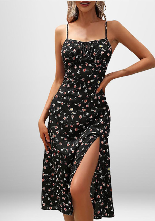 Women Spring Sexy Print Lace-up Slit Strap Dress