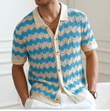 Men's American hollow jacquard ripple summer short-sleeved knitting polo T-shirt