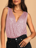 Women Summer V-neck Party Sequin Sleeveless Top