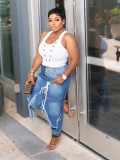 Women Ripped Lace-up Denim Pants