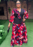 Plus Size African Women Chiffon Print V-neck Dress Two-piece Set