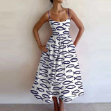 Women Spring Printed Pleated Strap Dress