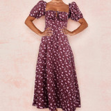 Women Spring Printed French Floral Backless Suspender Slit Dress