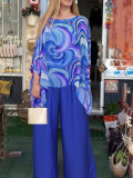Women Elegant Round Neck Long Sleeve Top and Pants Two-piece Set