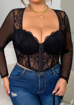 Women Plus Size Sexy Lace See-Through Patchwork Mesh Top Women Plus Size Sexy Lace See-Through Patchwork Mesh Top