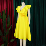 V Neck Floral Ruffle A-line Dress for Women Formal Party Gown
