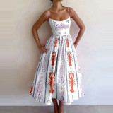 Women Spring Printed Pleated Strap Dress