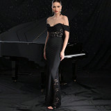 Women spring Summer Off Shoulder Lace Patchwork Evening Dress