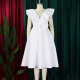 V Neck Floral Ruffle A-line Dress for Women Formal Party Gown