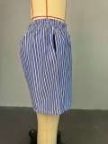 Women Summer Blue and White Striped Shirt Wide Leg Shorts Two Piece Set