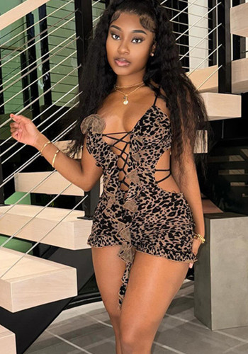 Women Sexy Leopard Mesh Printed Hollow Lace Jumpsuit
