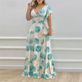 Women Spring Sexy V-neck Print Dress