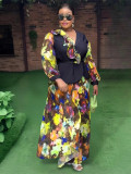 Plus Size African Women Chiffon Print V-neck Dress Two-piece Set