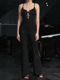 Women summer hollow diamond patchwork suspenders Jumpsuit